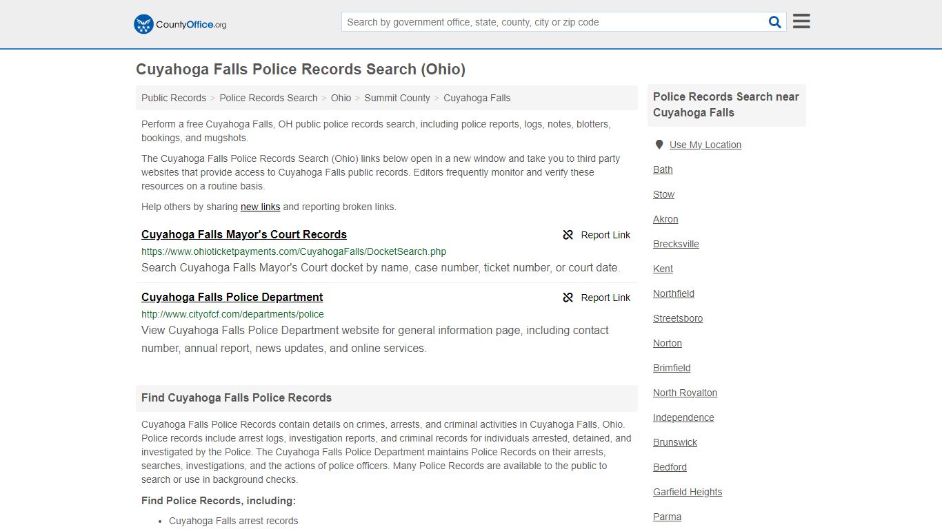 Cuyahoga Falls Police Records Search (Ohio) - County Office